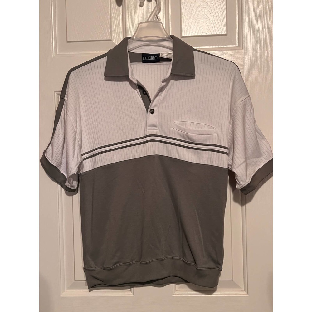 Puritan Men's Gray White Golf Polo Front Pocket Size M‎ 26" Long x 20" PTP
